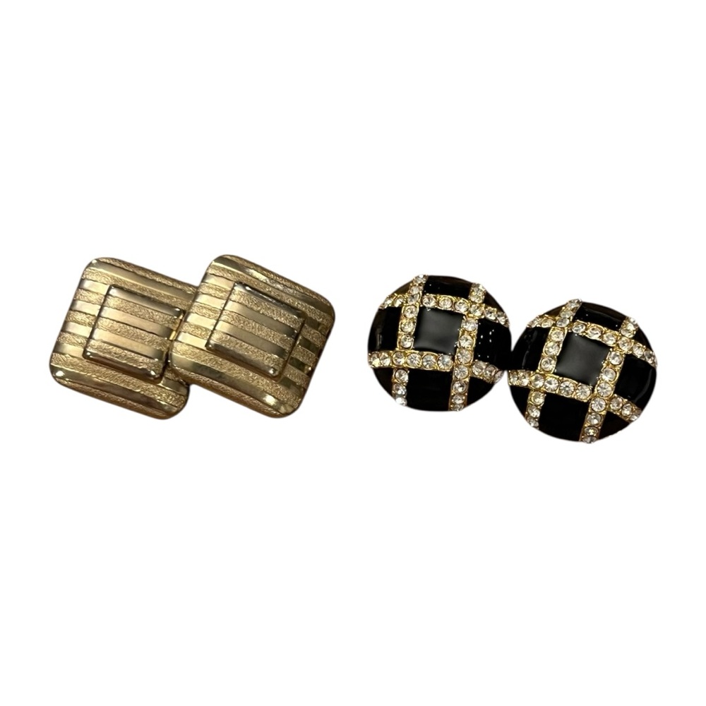VTG Joan Rivers‎ Gold Tone Rhinestones Enamel & Two Tone Square Clip-On Earrings